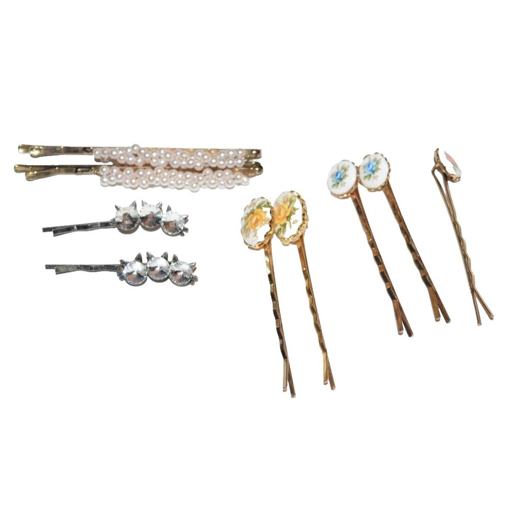 Vtg lot Floral Flower Ceramic Bobby Pin Hair Pins beads rhinestones cats 9pc